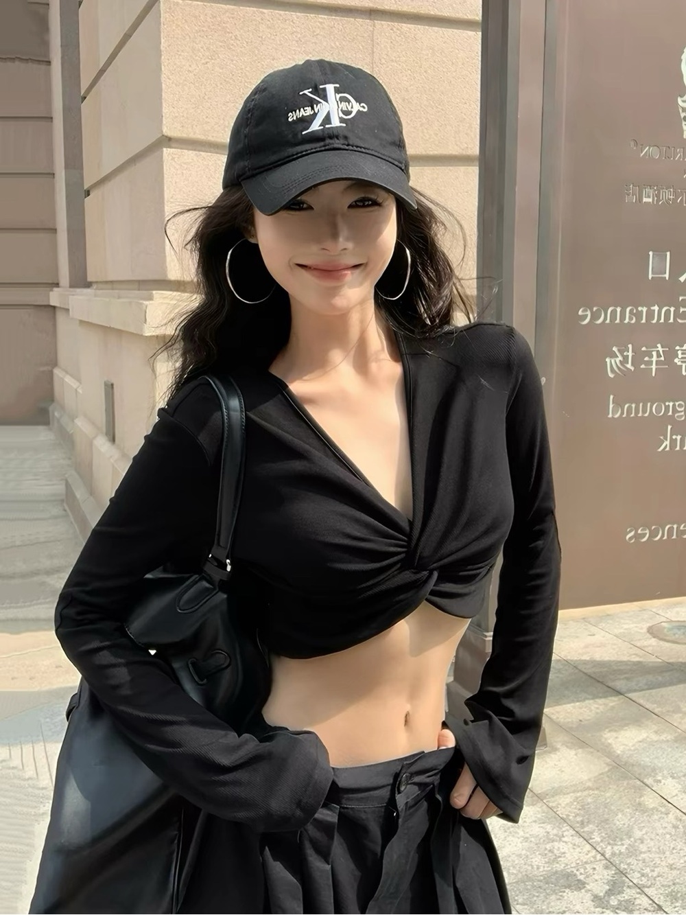 Black Twist-Front Long Sleeve Crop Top